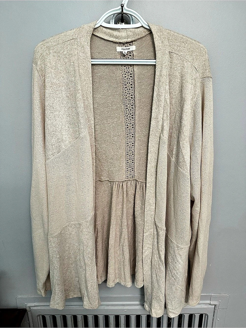Maurices Crochet Trim Open Front Cardigan Beige Medium